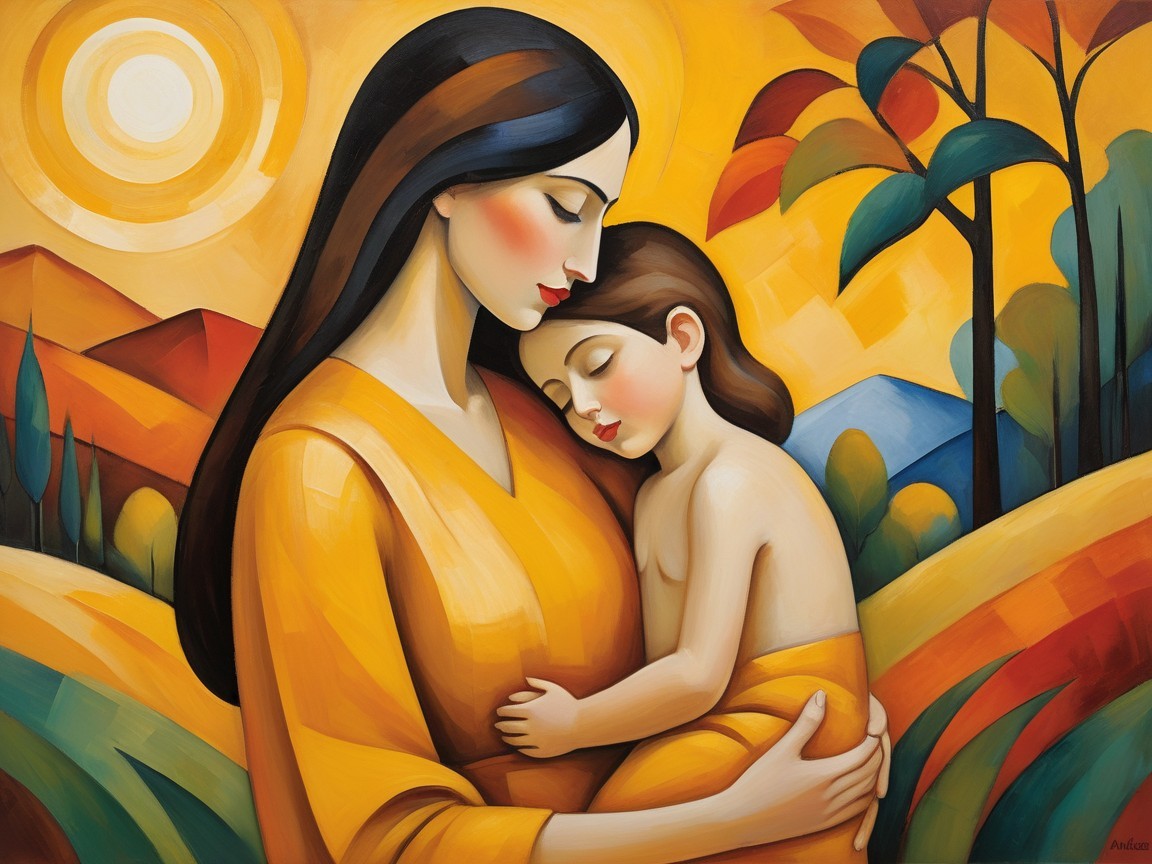 Mother and Child Embrace in Abstract Landscape