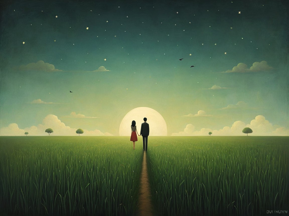Couple on Grassy Path Under Sunset and Stars