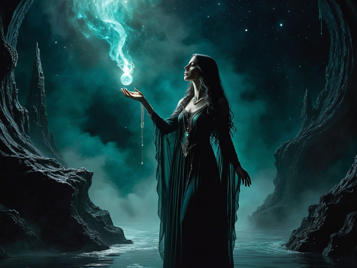 Mystical Figure in Ethereal Landscape with Glowing Orb