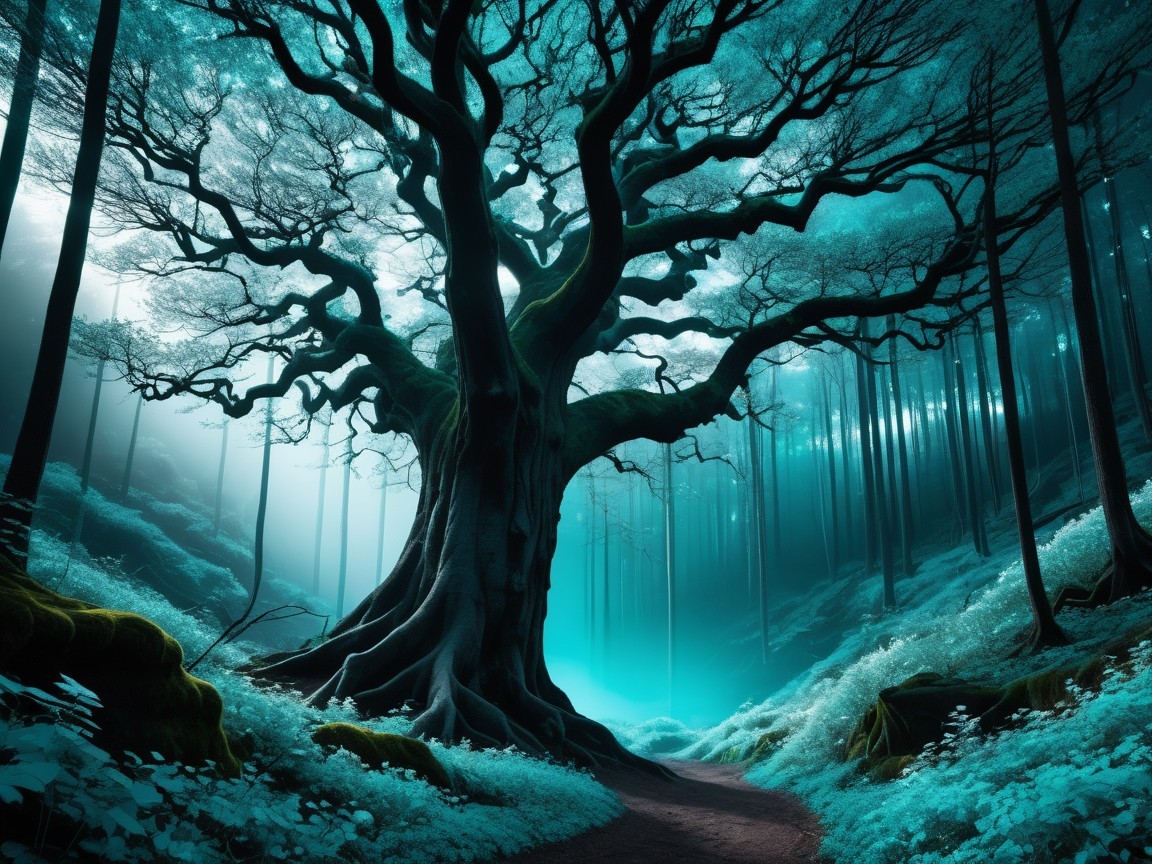 Majestic Gnarled Tree in Mystical Forest Setting