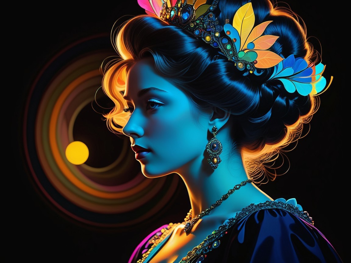 Elegant Woman with Colorful Light and Leaves