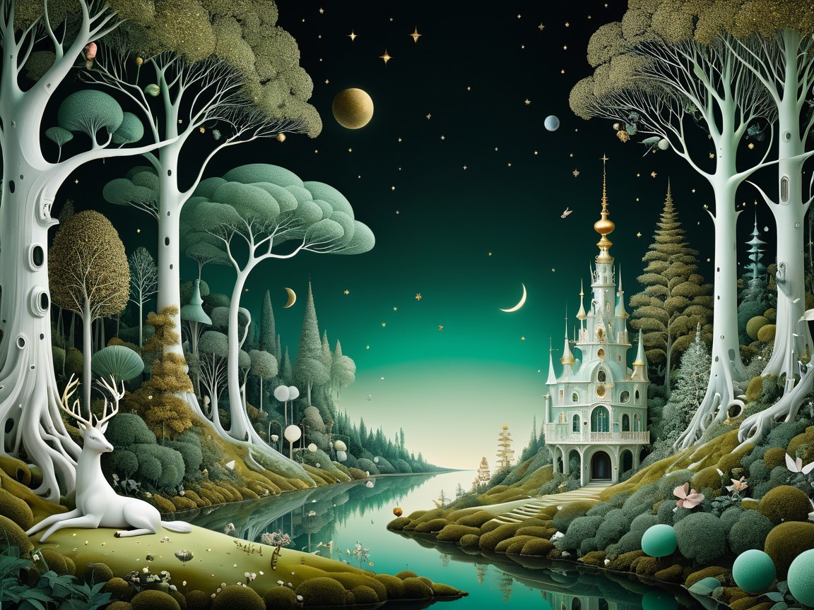 Whimsical Night Landscape with River and Castle