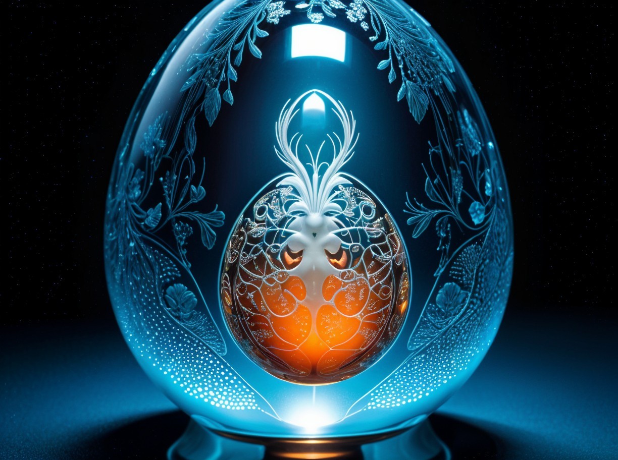 Intricate Glass Egg with Illuminated Orange Orb