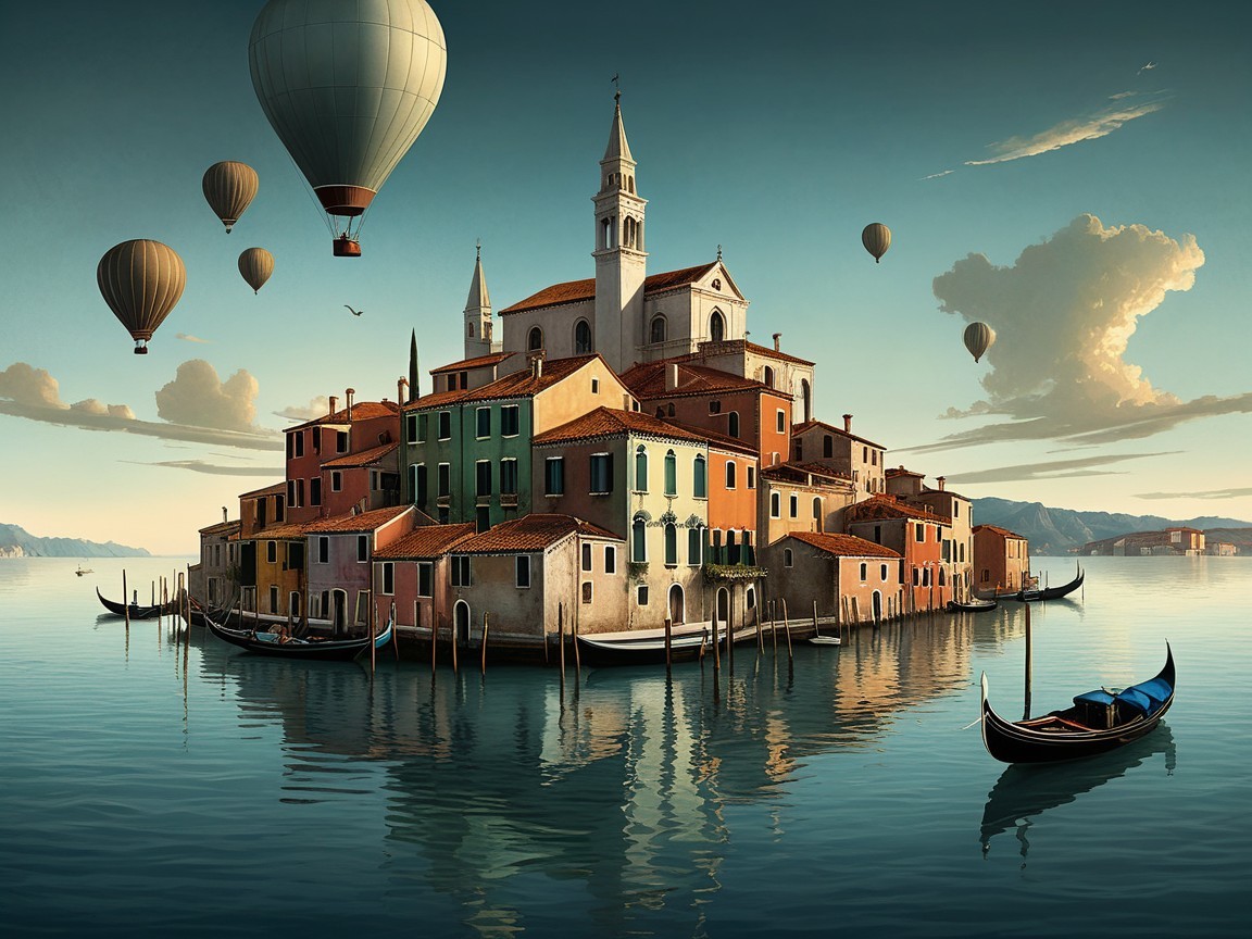 Picturesque Island Village with Colorful Buildings and Balloons