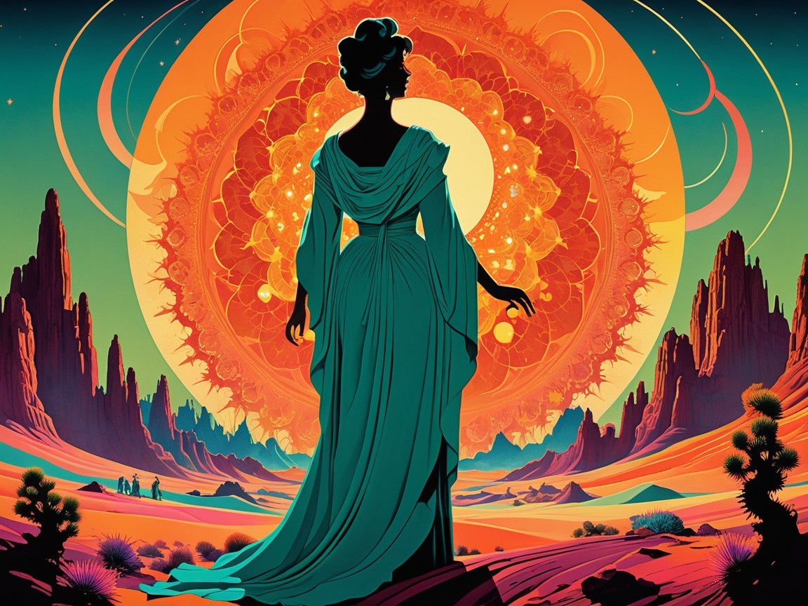 Silhouette Against Vibrant Sun and Stylized Landscape