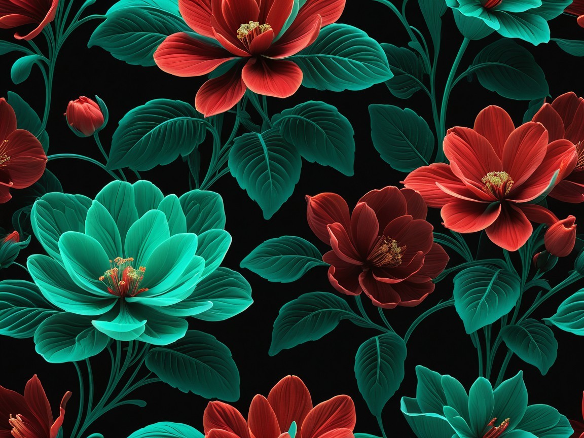Vibrant Floral Pattern with Teal and Red Flowers