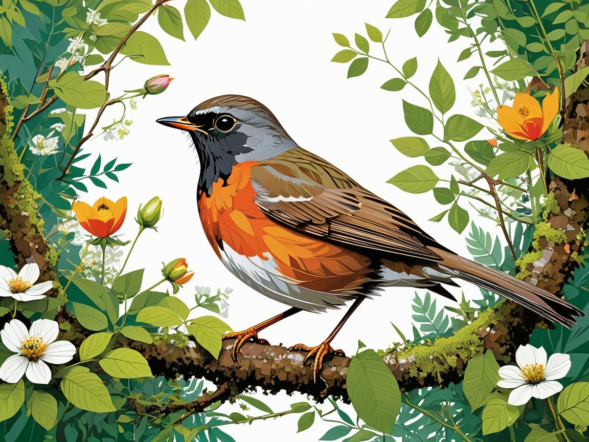 Illustration of a Bird on a Branch with Leaves and Flowers