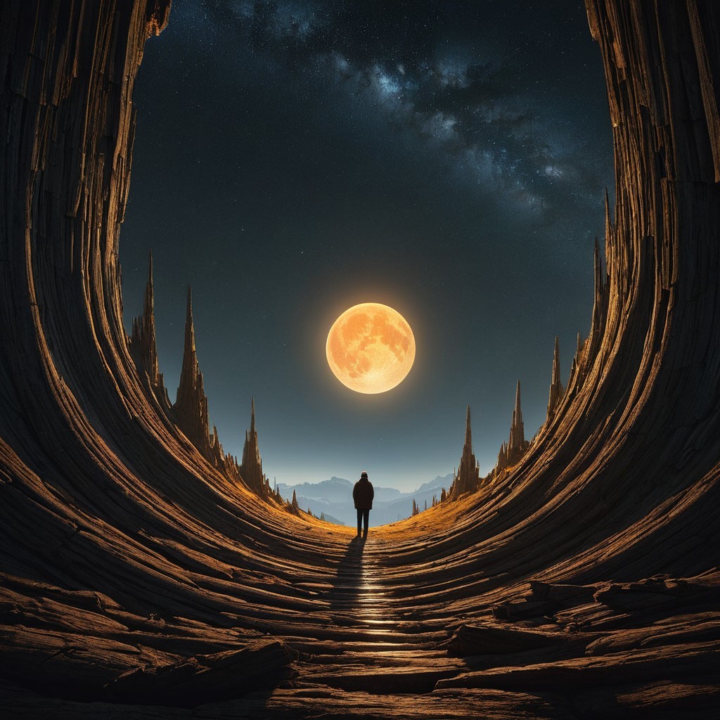 Lone Figure in Dramatic Cavernous Landscape at Night