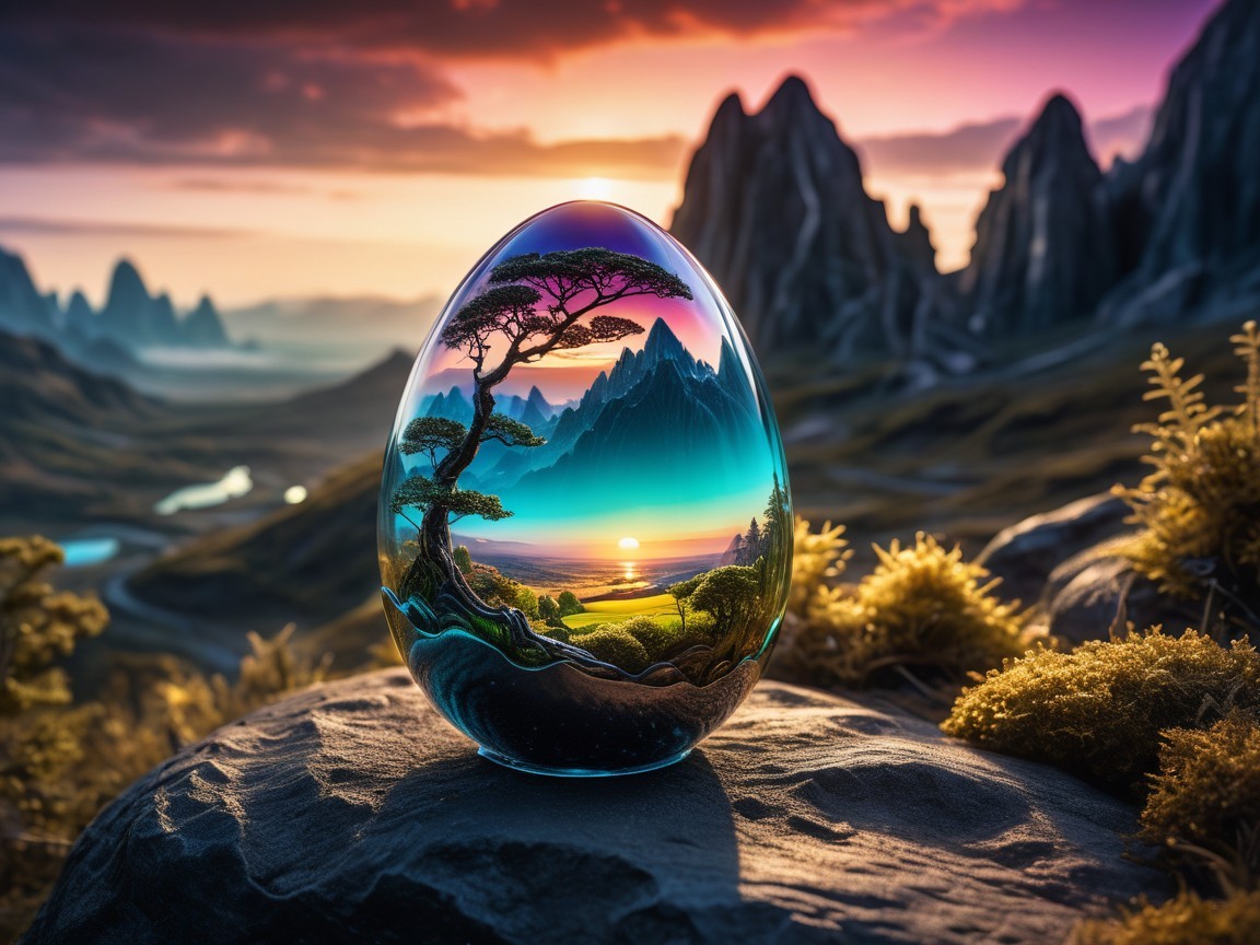 Egg-shaped Art Piece Featuring Majestic Landscape Scene