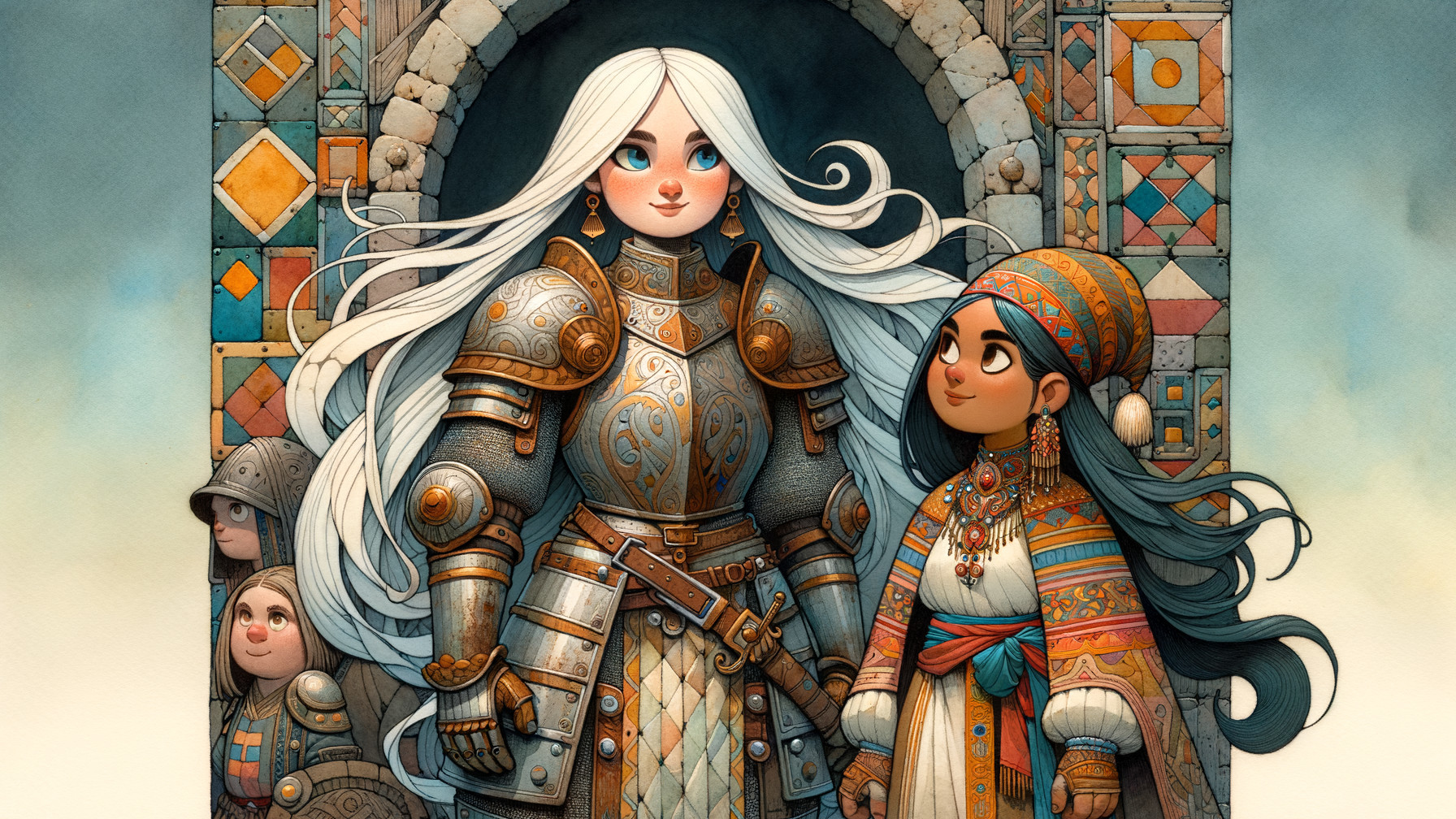 Armored Warrior and Young Girl in Fantasy Setting