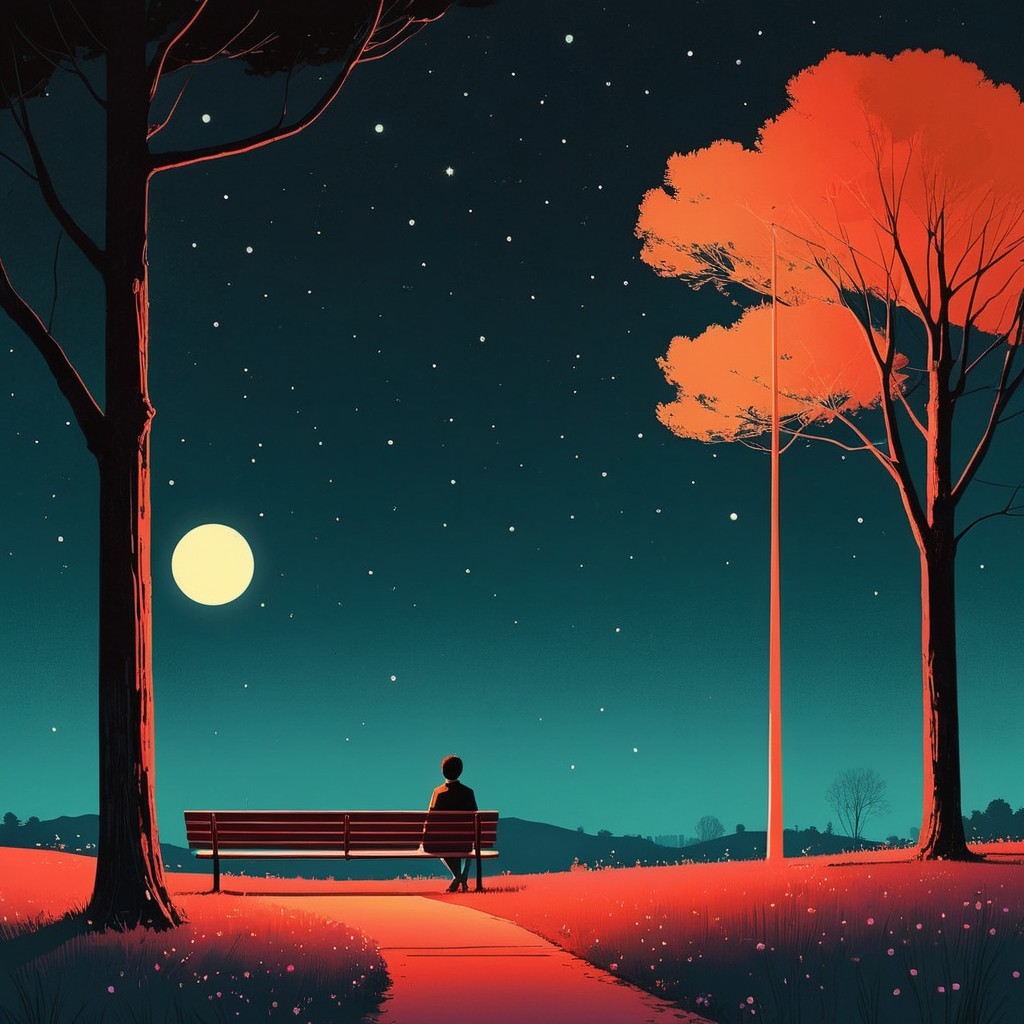Solitary Figure on Bench Under Starlit Night Sky