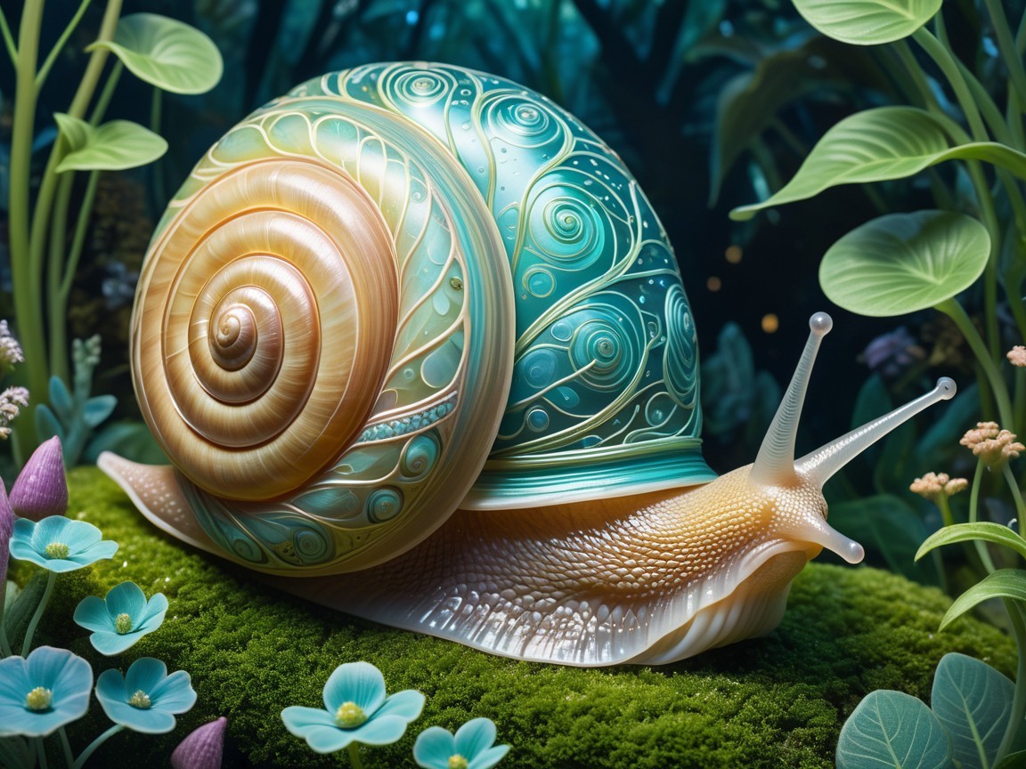 Snail on Green Moss with Blue Flowers in Forest Setting
