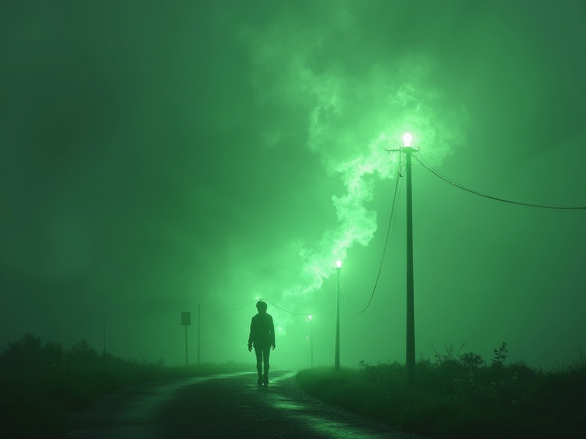 Solitary Figure on Foggy Road with Eerie Green Lights