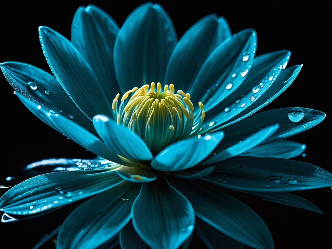 Vibrant Blue Water Lily with Raindrops on Black Background