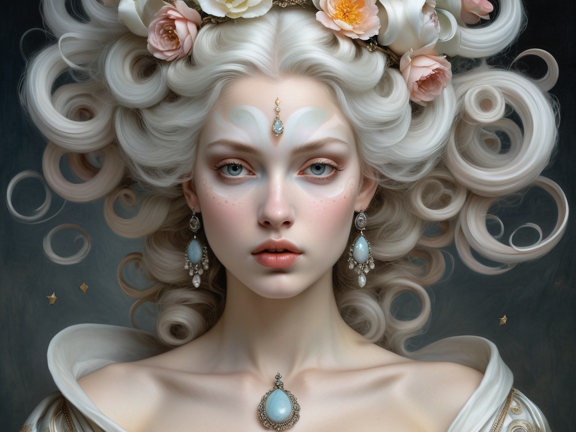 Young Woman with Intricate Platinum Hair and Flowers