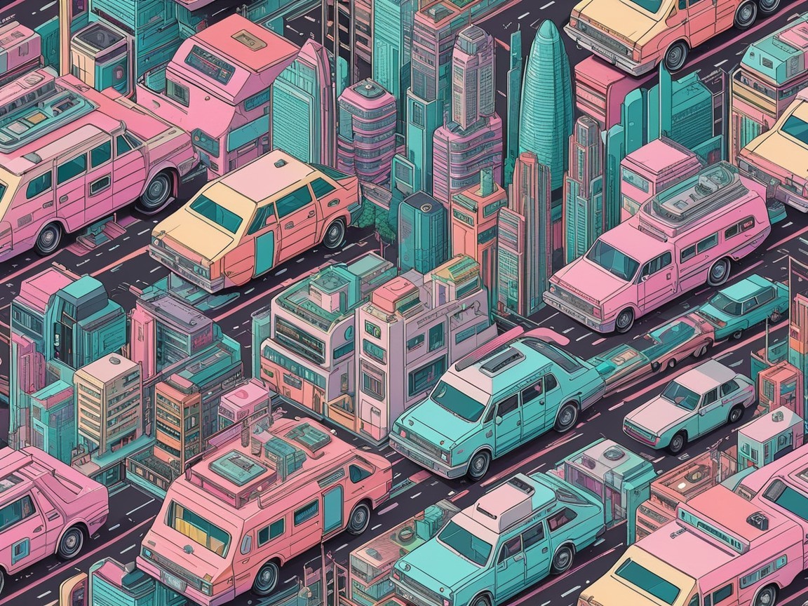 Vibrant Urban Scene with Colorful Cars and Buildings