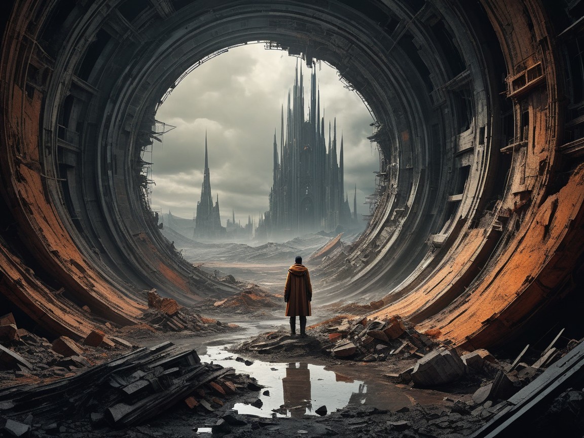 Lone Figure Overlooks Gothic City from Metal Structure