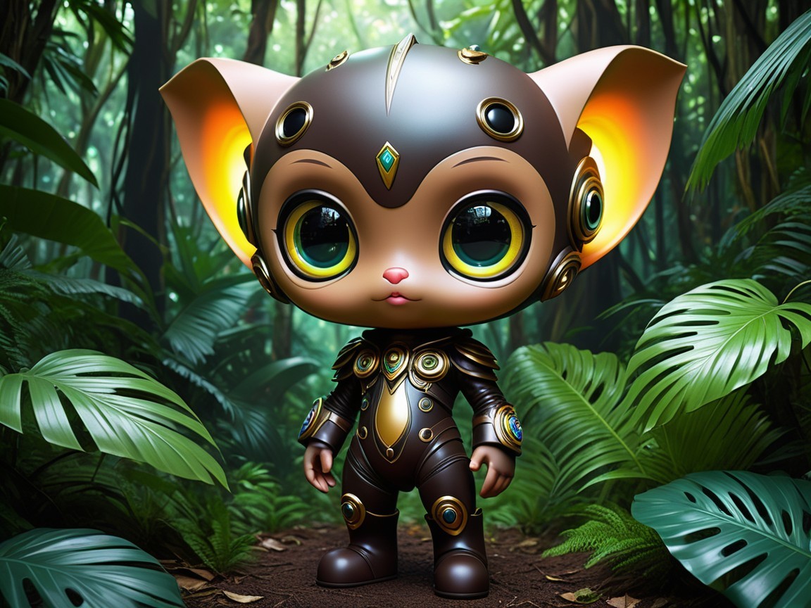 Whimsical creature in jungle with metallic armor and gems