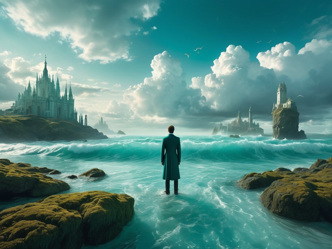 Lone Figure Overlooking Turquoise Sea and Castles