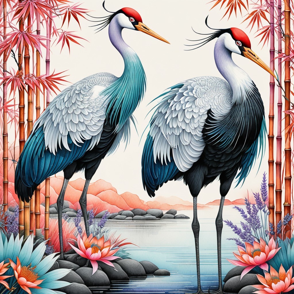 Cranes by Water with Bamboo and Lotus Flowers