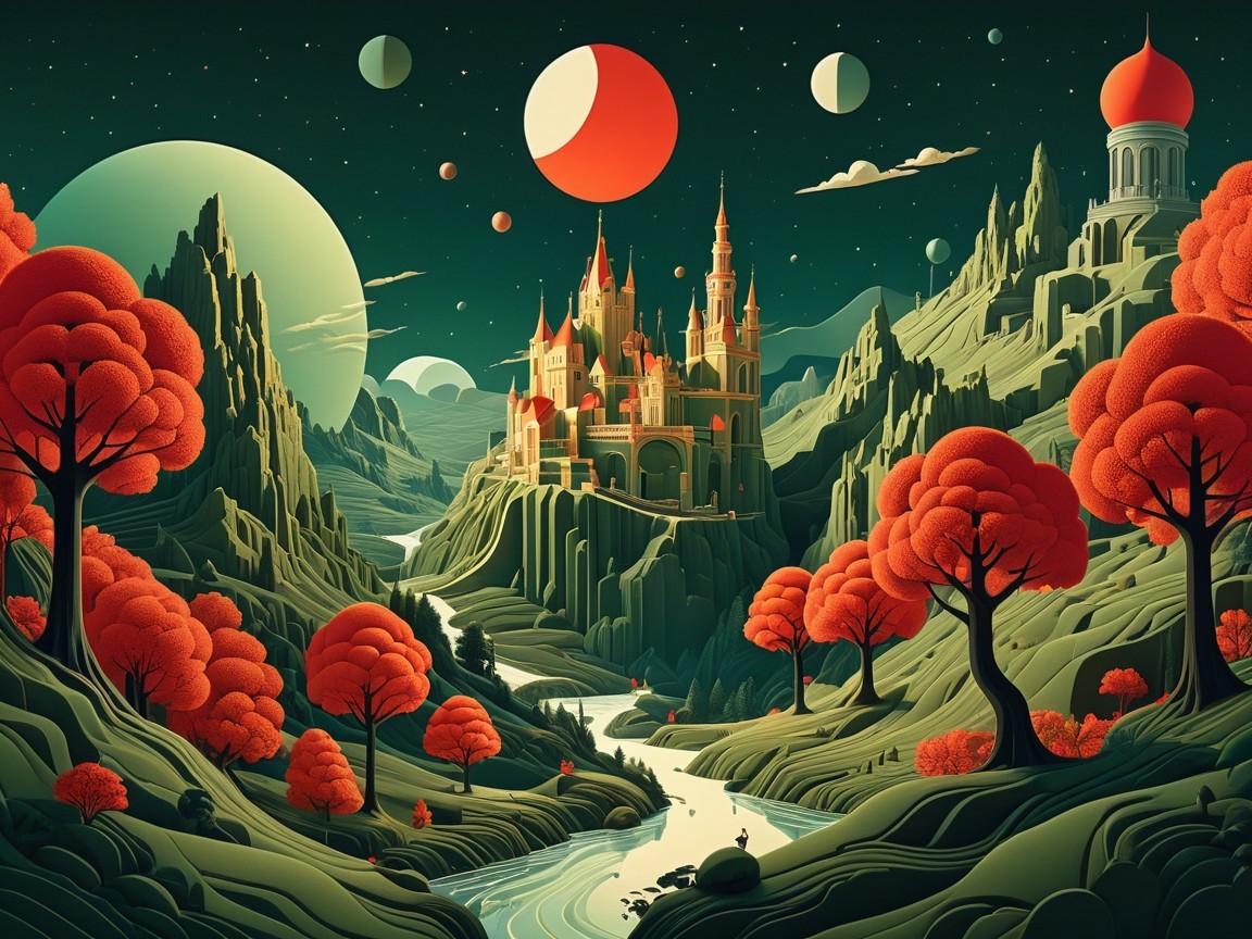 Fantasy Landscape with Castle and Celestial Bodies
