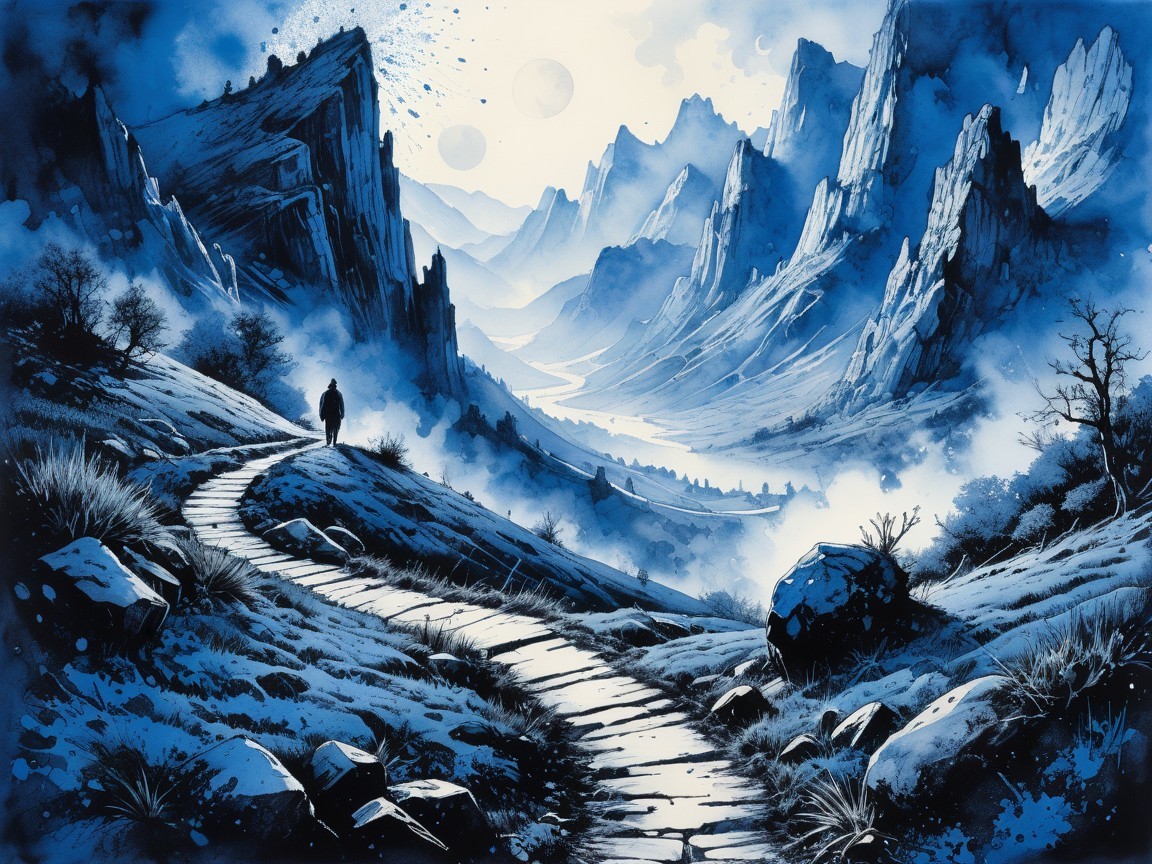 Lone Figure on Winding Path in Ethereal Landscape