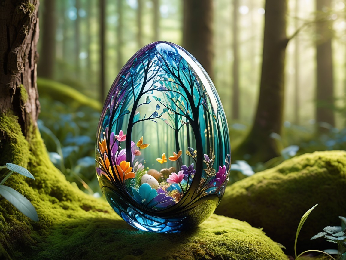 Intricately Designed Egg Ornament in a Forest Setting