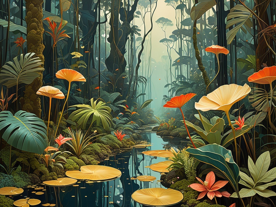 Lush Rainforest Scene with Vibrant Foliage and Waterway