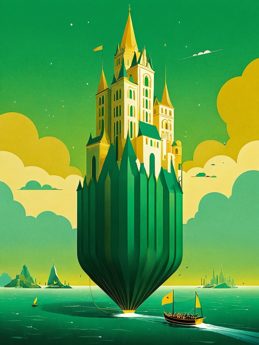 Whimsical Landscape with Leaf-Shaped Hot Air Balloon