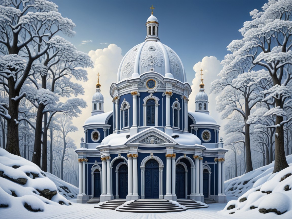 Ornate Blue and White Dome Church in Winter Landscape
