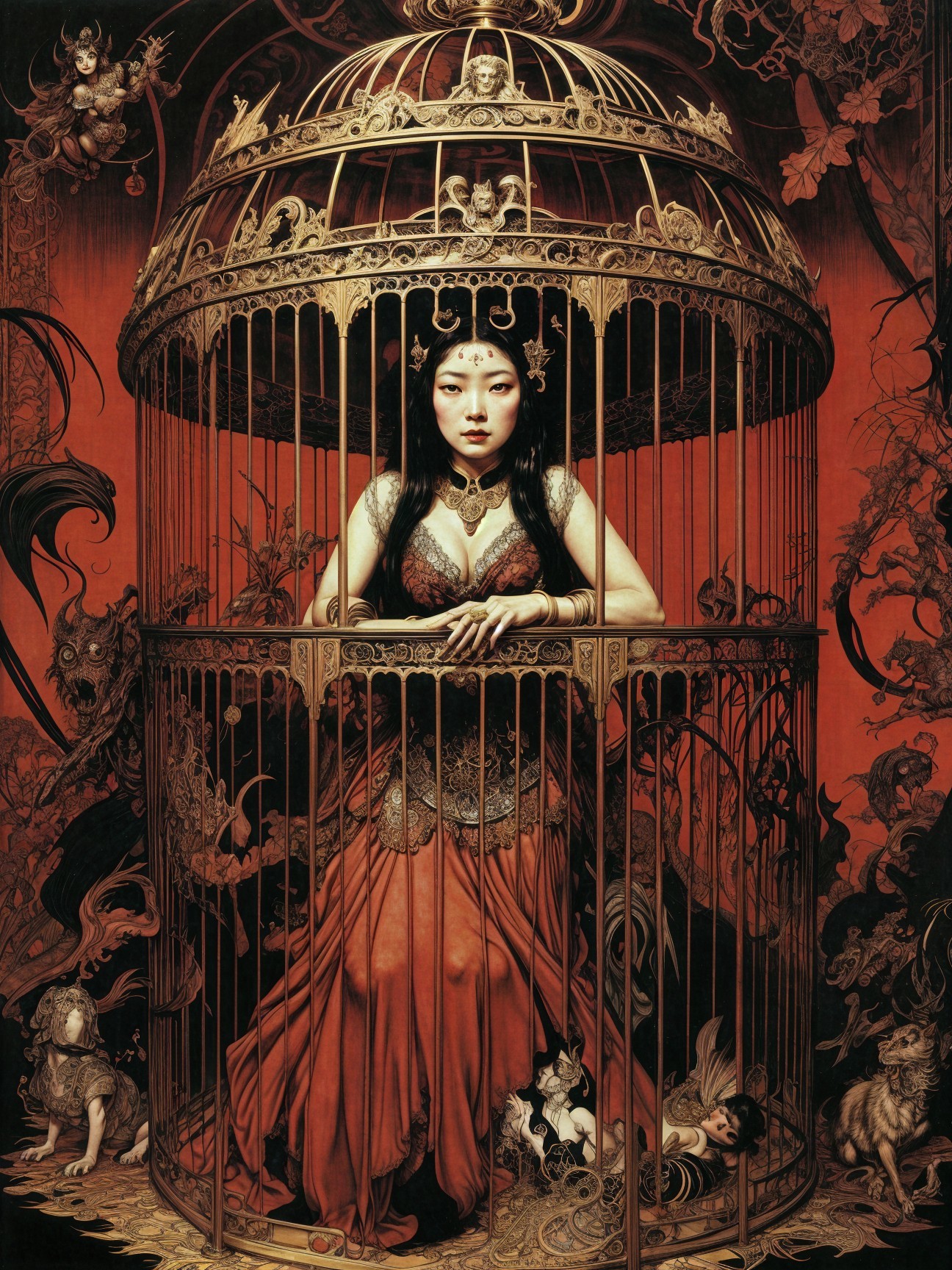 Woman in Golden Cage with Mythical Creatures Artwork