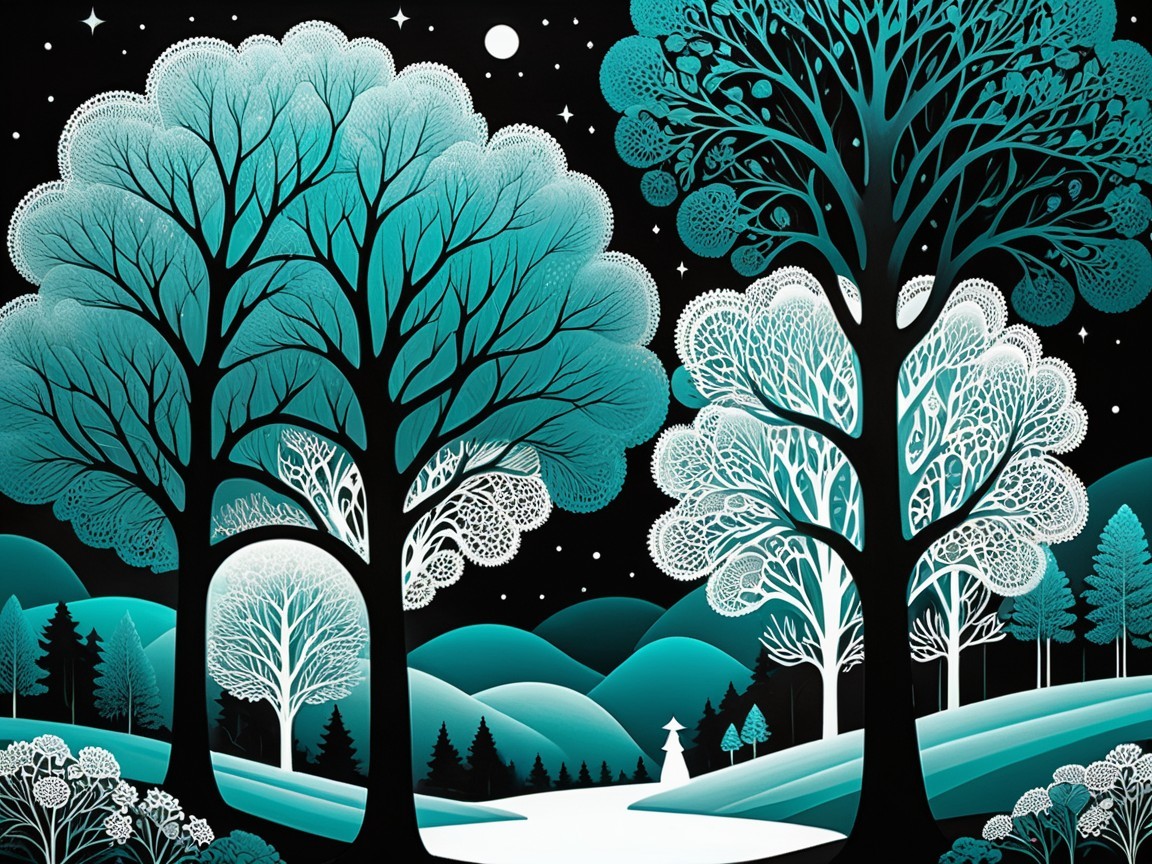 Fantastical Night Scene with Stylized Trees and Hills