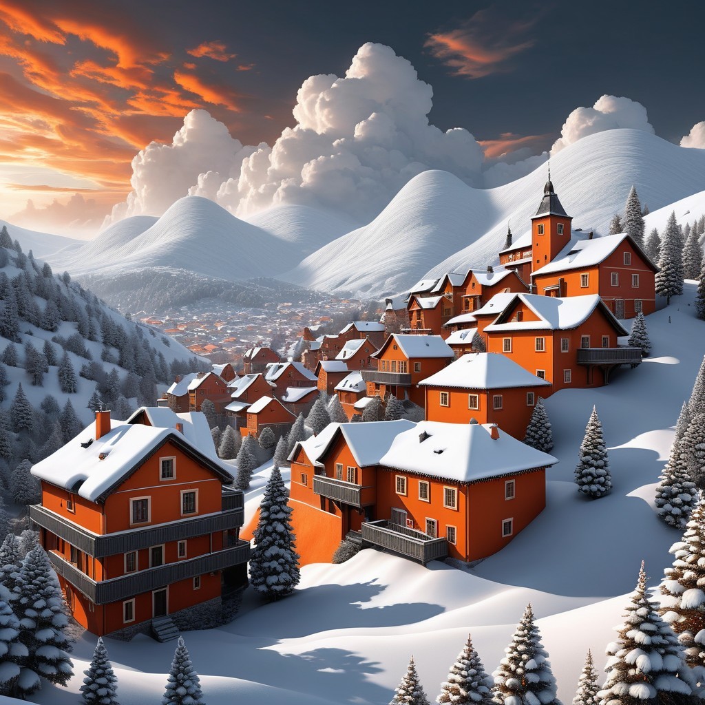 Picturesque Winter Wonderland Landscape with Village and Mountains