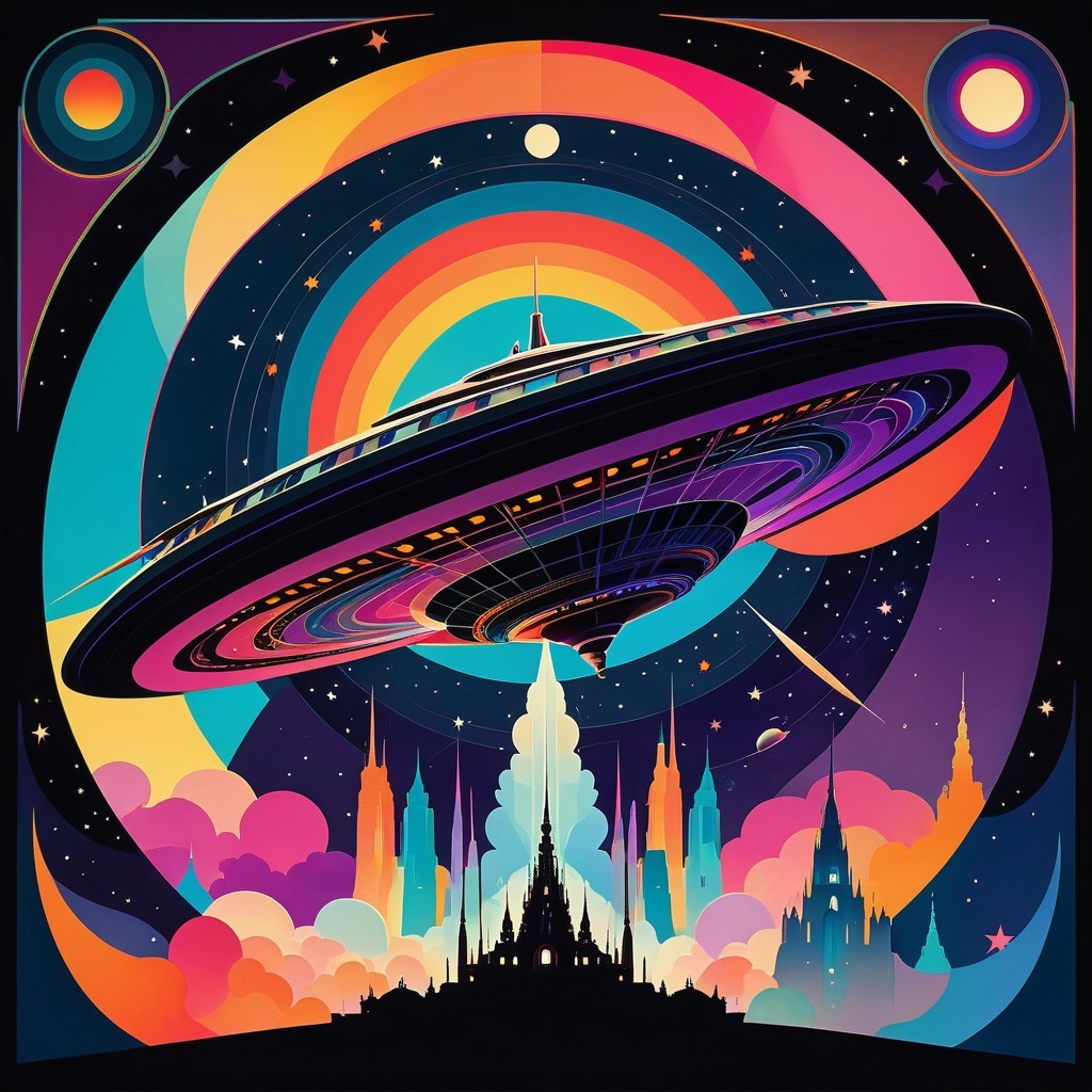 Futuristic Spaceship Over Mystical Cityscape