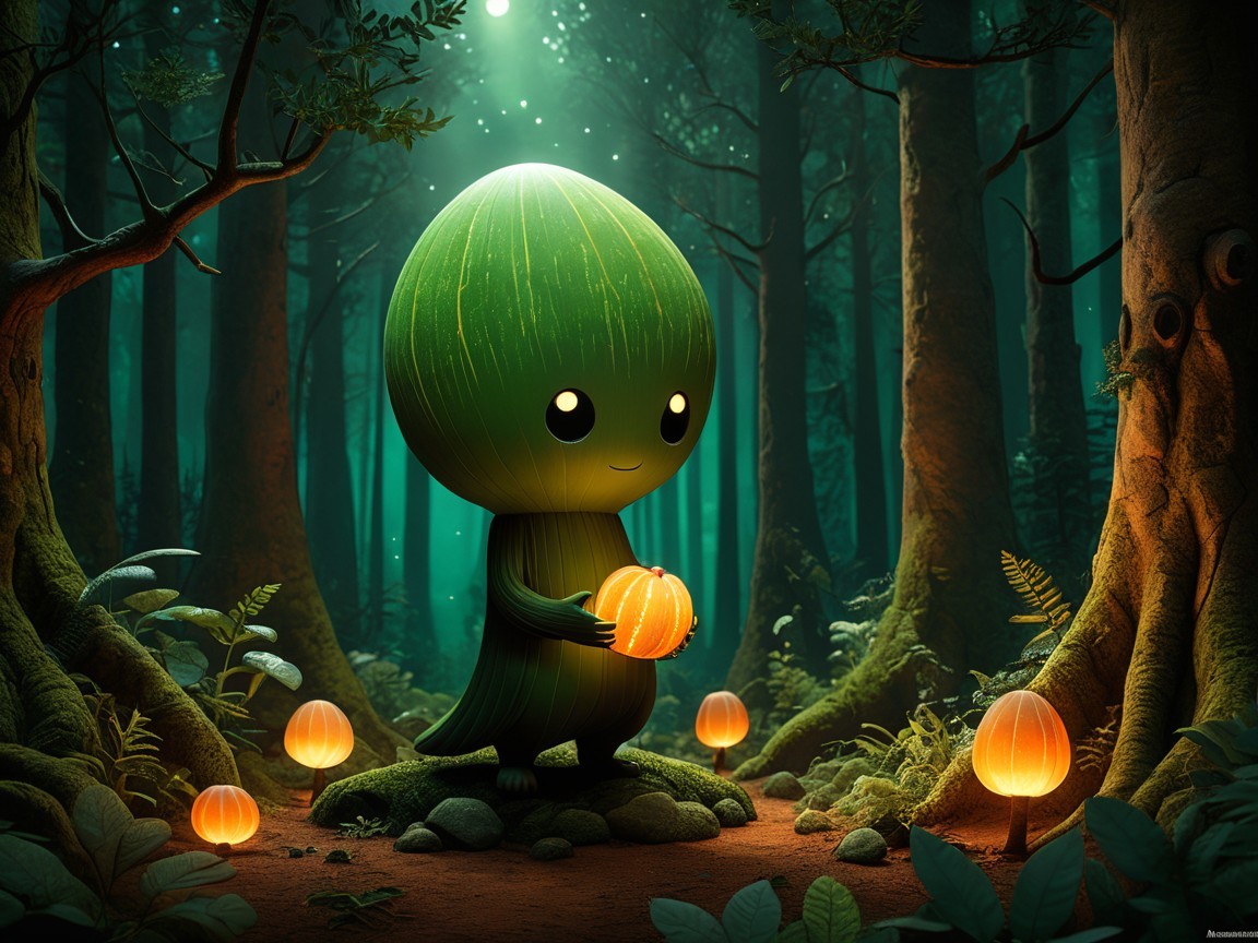 Mystical Forest with Plant Creature and Glowing Pumpkins