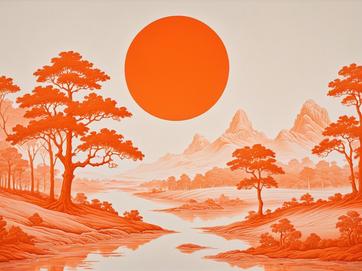 Stylized landscape with vibrant orange sun and river