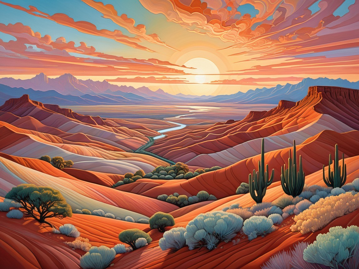 Vibrant Desert Landscape at Sunset with Mountains