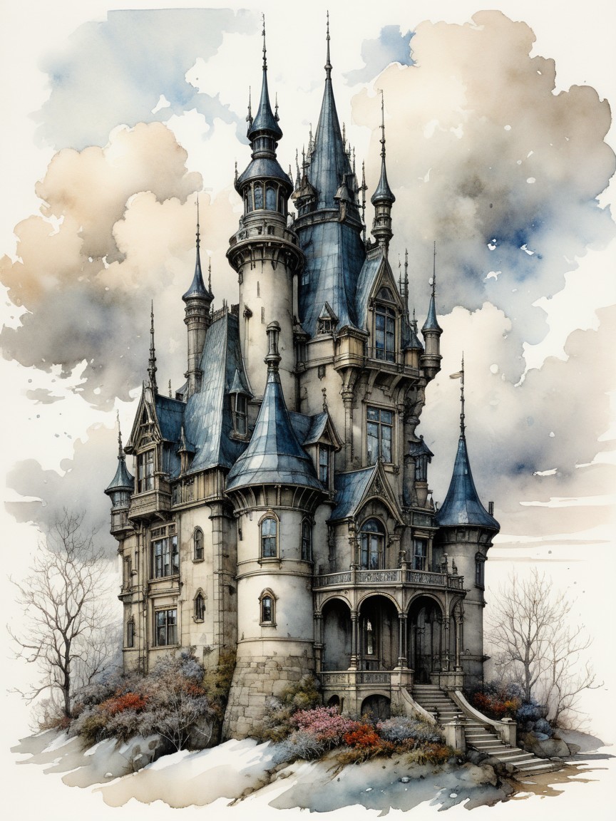 Whimsical castle with spires and autumn gardens