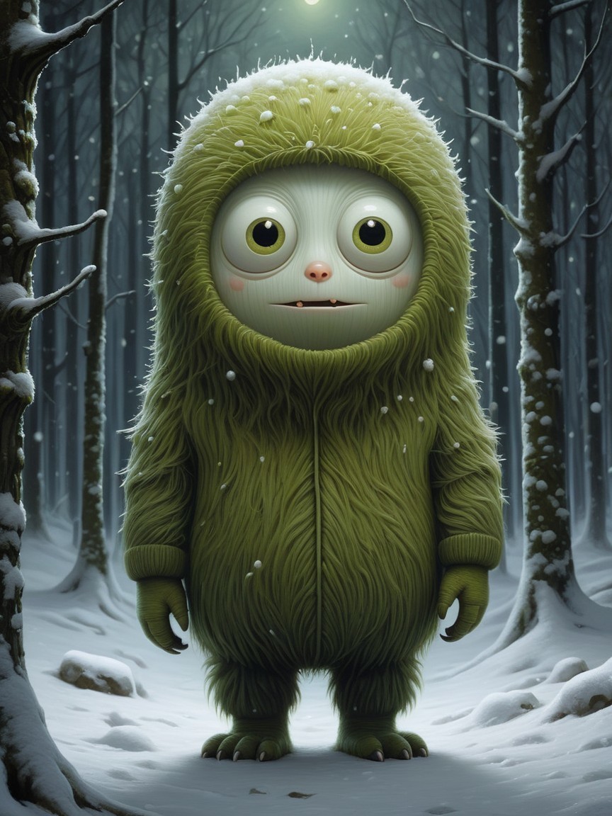 Whimsical Creature in Snowy Forest Setting