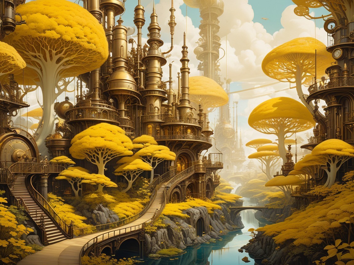 Fantastical Landscape with Steampunk Towers and Trees