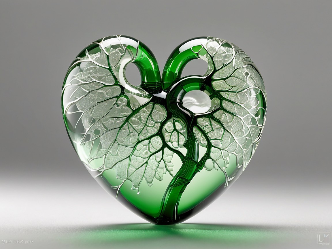 Intricate Heart-Shaped Green Glass Sculpture with Leaves