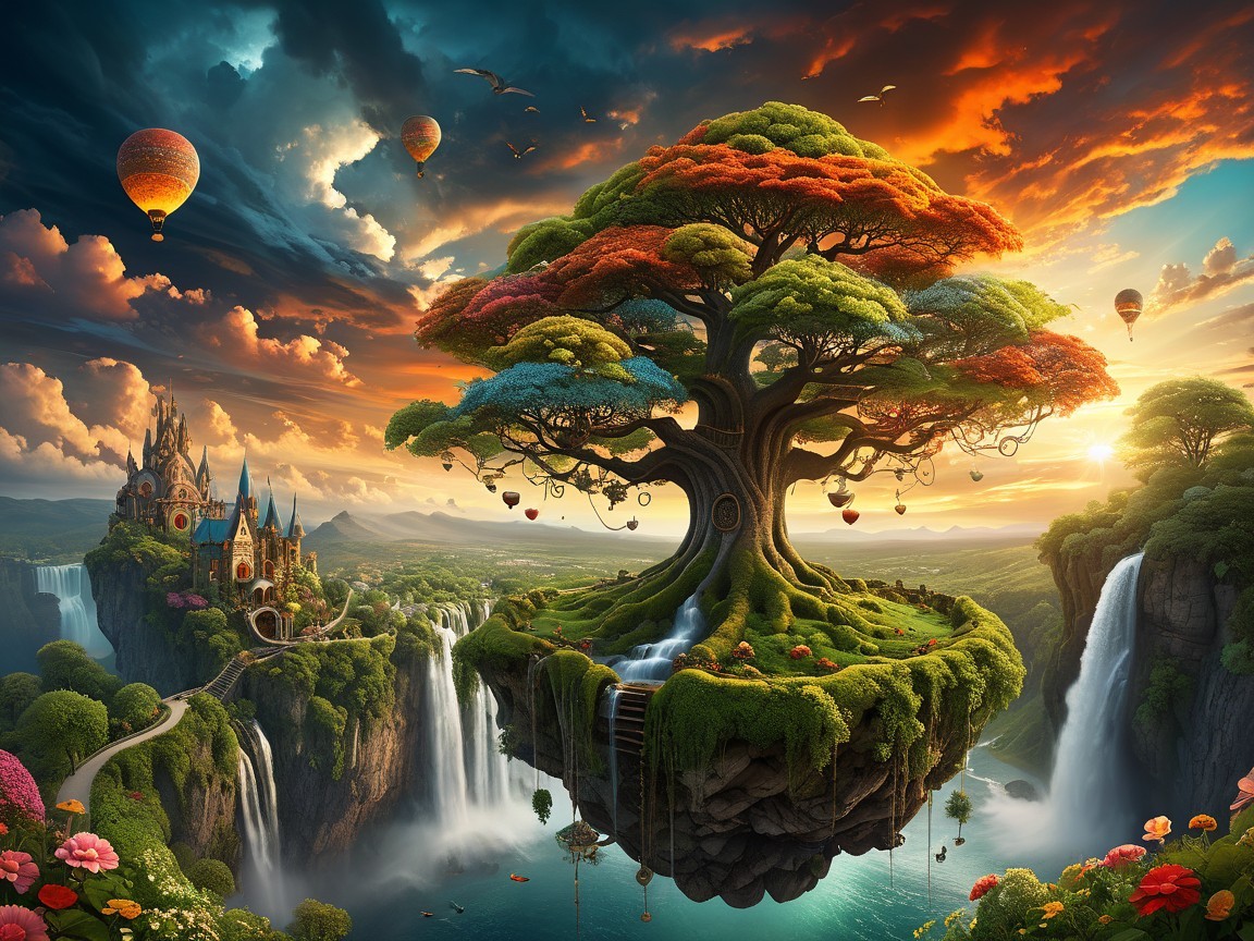 Majestic tree with colorful leaves above waterfalls