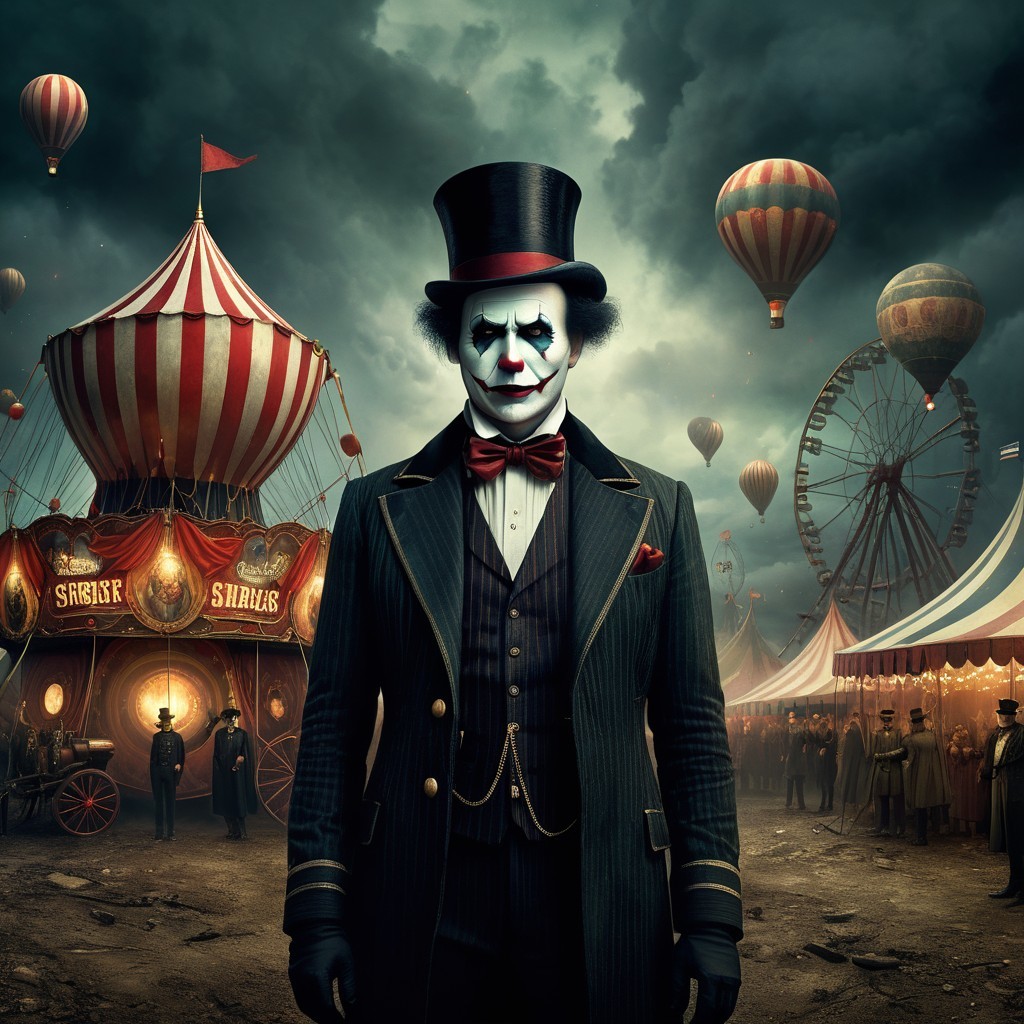 Sinister Clown at Vintage Circus with Eerie Atmosphere