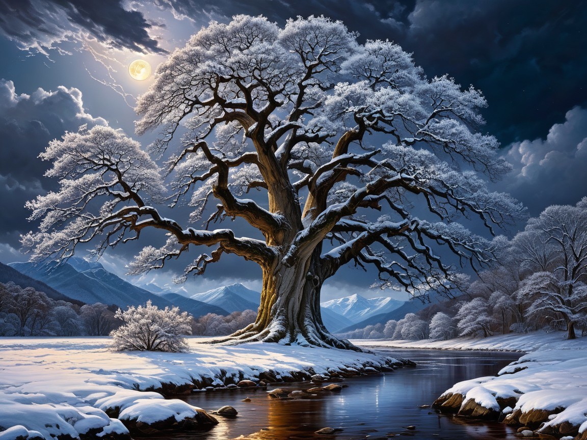 Ancient Tree in Winter Landscape Under Moonlight
