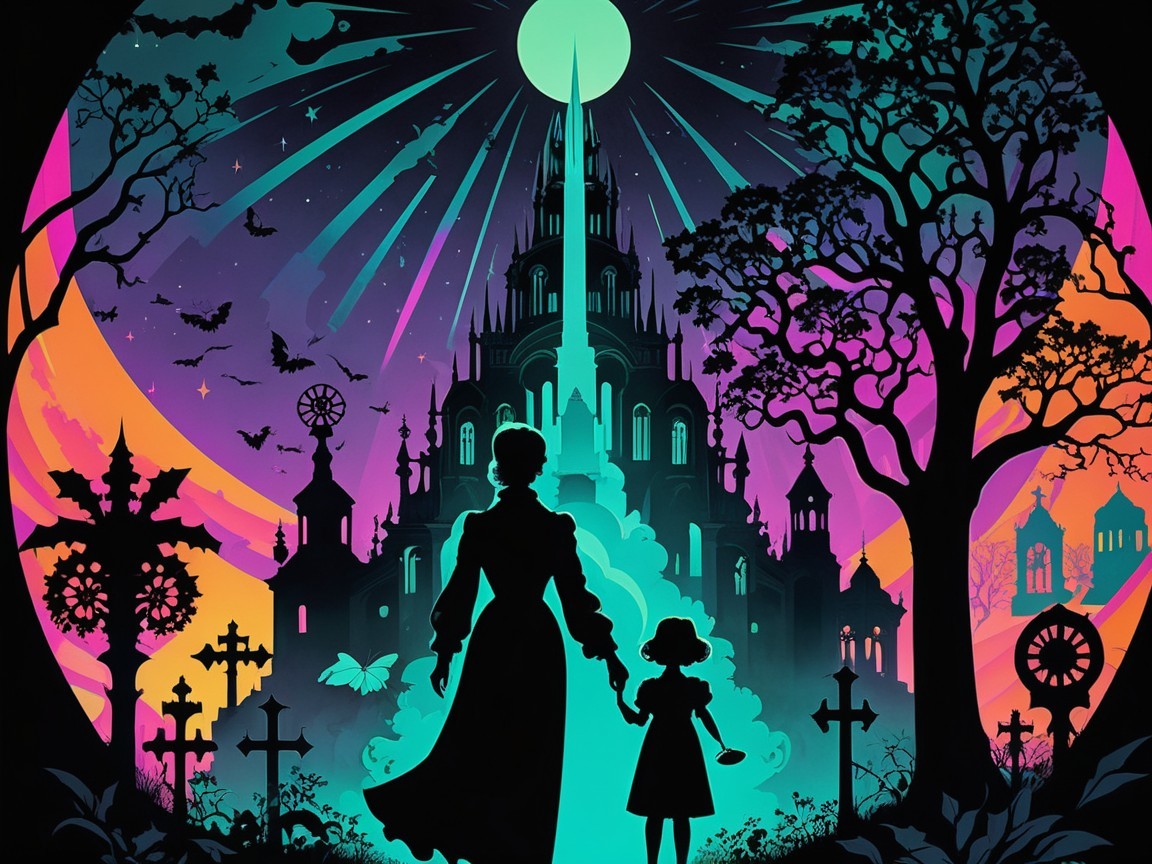 Silhouette of Woman and Child Against Whimsical Castle