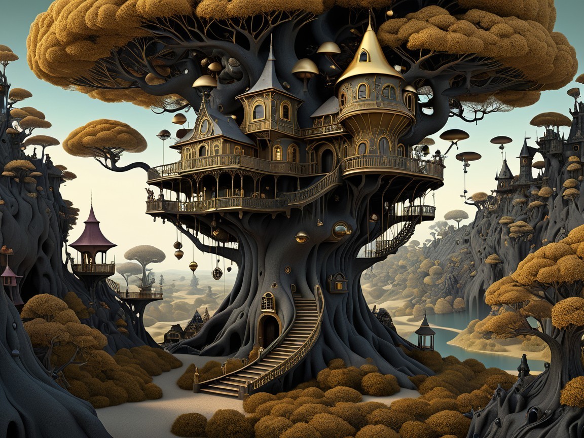 Whimsical Treehouse in a Surreal Landscape Setting