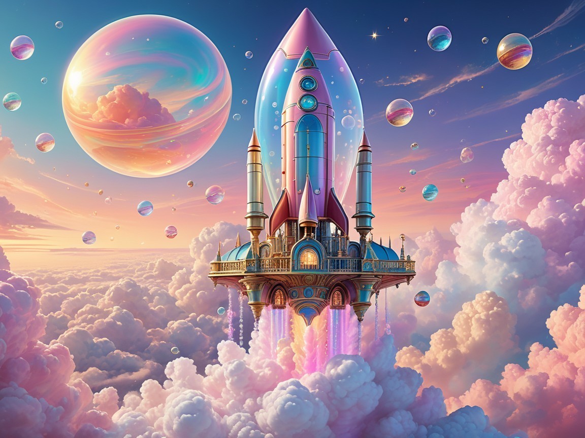 Retrofuturistic Rocket Ship in Dreamy Fantasy Art
