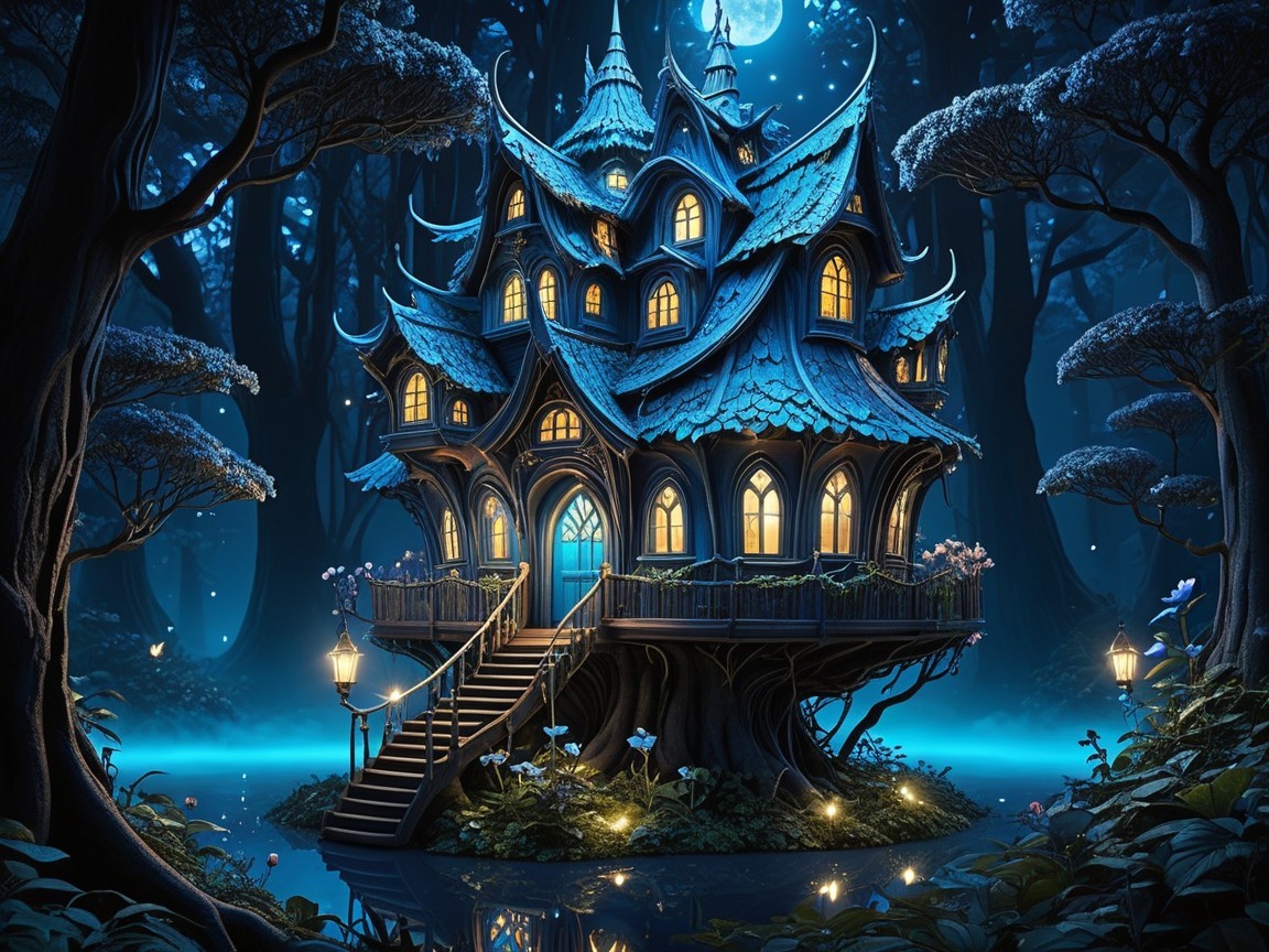 Whimsical Treehouse Glowing Under Full Moonlight