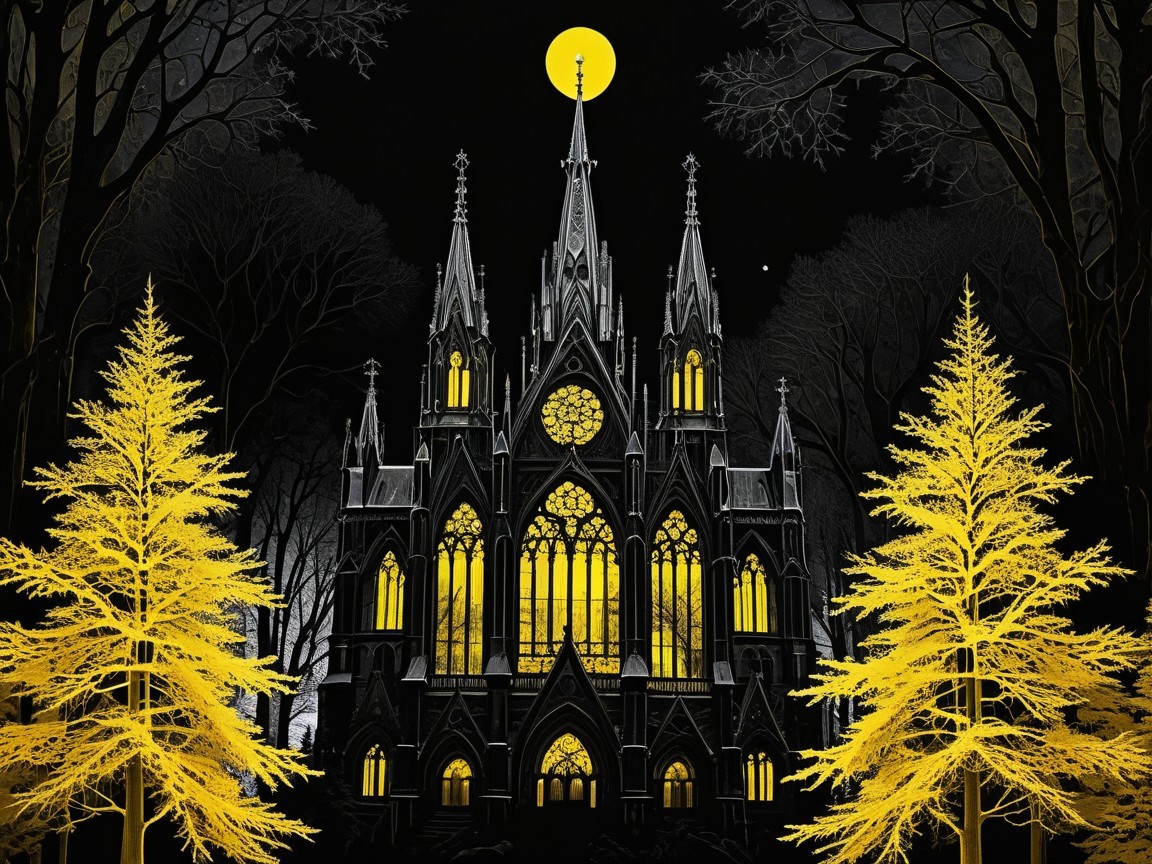 Gothic Cathedral Under Dark Sky with Glowing Moon