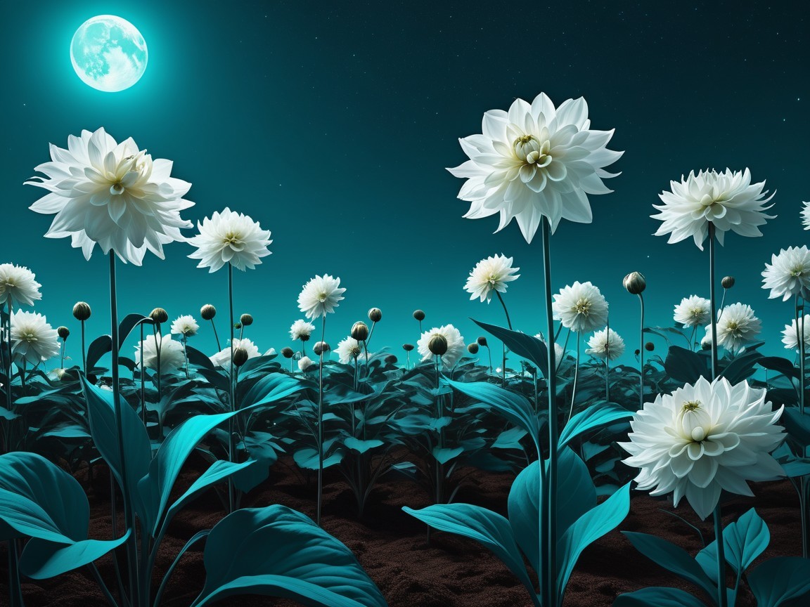 Vibrant White Flowers Bloom Under a Glowing Moon